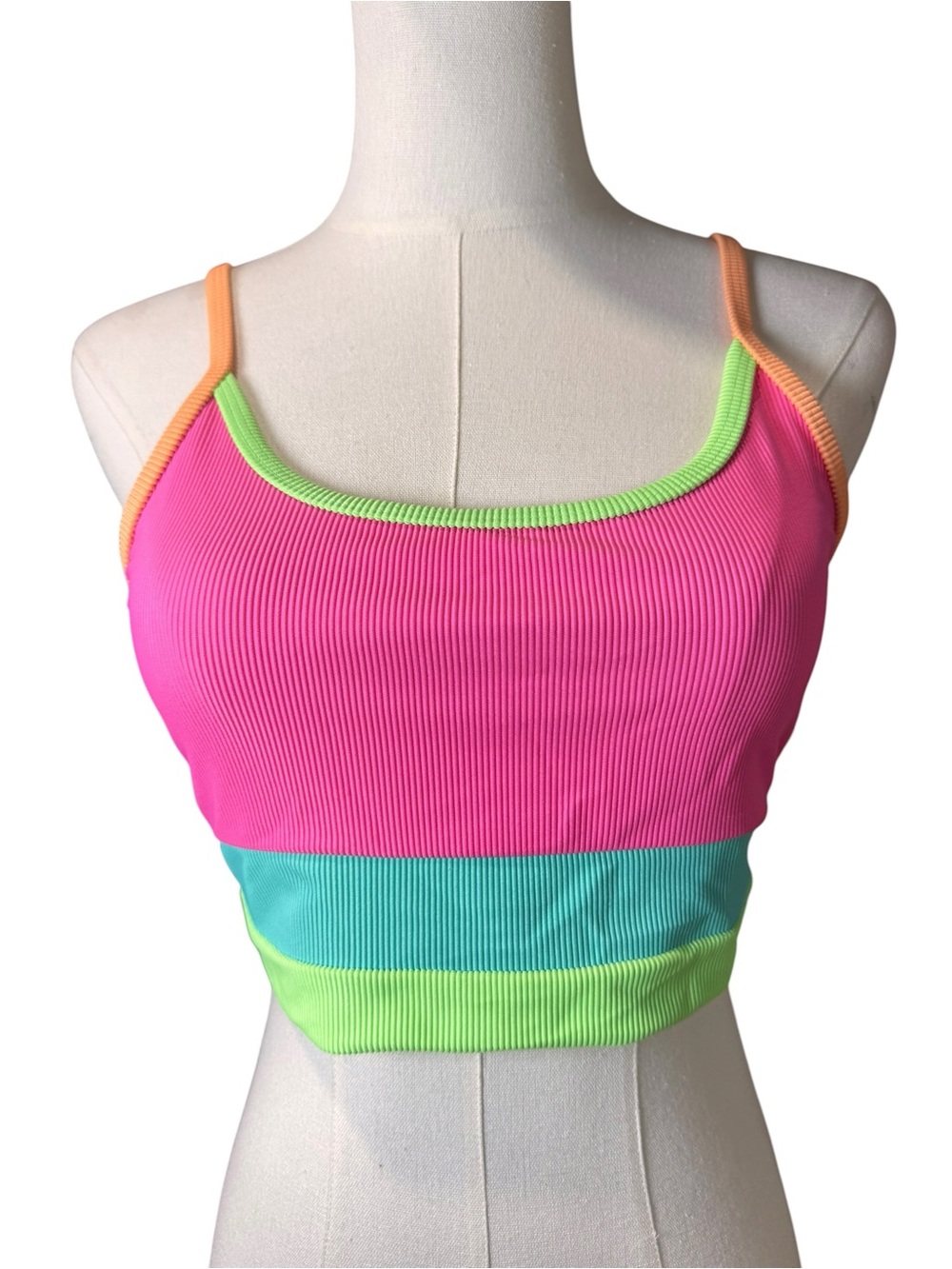 NWT Beach Riot Eva Ribbed Colorblock Longline Bikini Top Neon Pink Lime Large